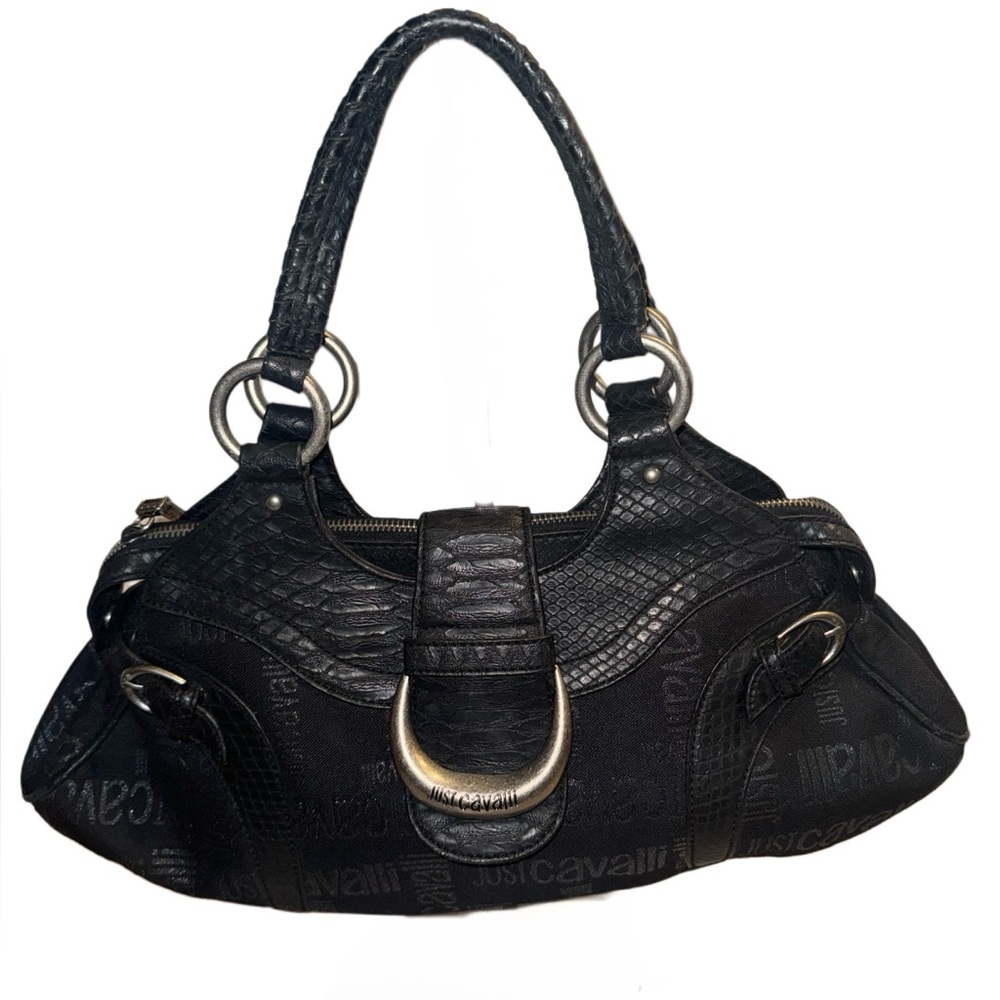 Just Cavalli Black Leather Shoulder Bag with Slouchy Design